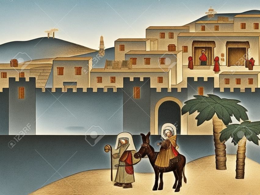 Illusztráció Mária és József utazás Betlehembe