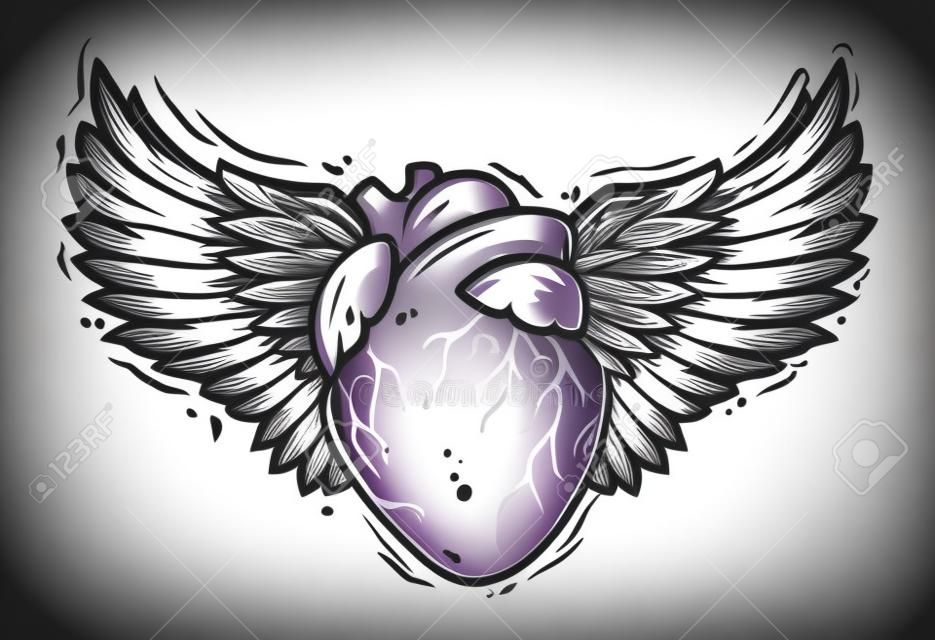 Human heart and Pair of bird wings with feathers tattoo. Colored vector illustration