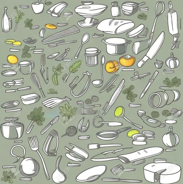 vázlatot élelmiszerek, edények és konyhai felszerelések, kézzel rajzolt vektoros illusztráció