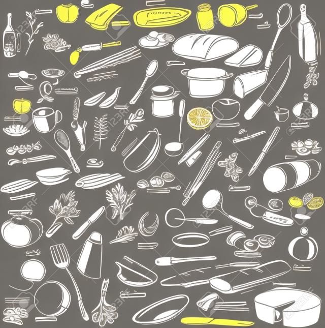 vázlatot élelmiszerek, edények és konyhai felszerelések, kézzel rajzolt vektoros illusztráció
