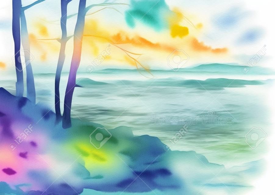 Göl kıyısı ve kasvetli bulutlu gün çam gövdeleri, elle çizilmiş vektör çizim, suluboya arka plan ile soyut vektör suluboya manzara