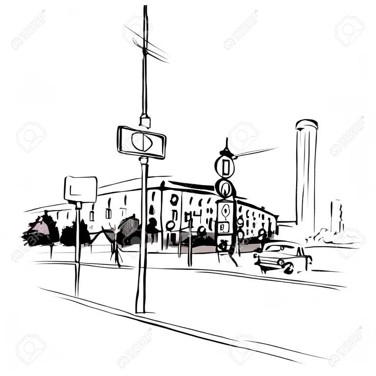urban sketch, city street with buildings, cars and traffic lights, color hand drawn vector illustration