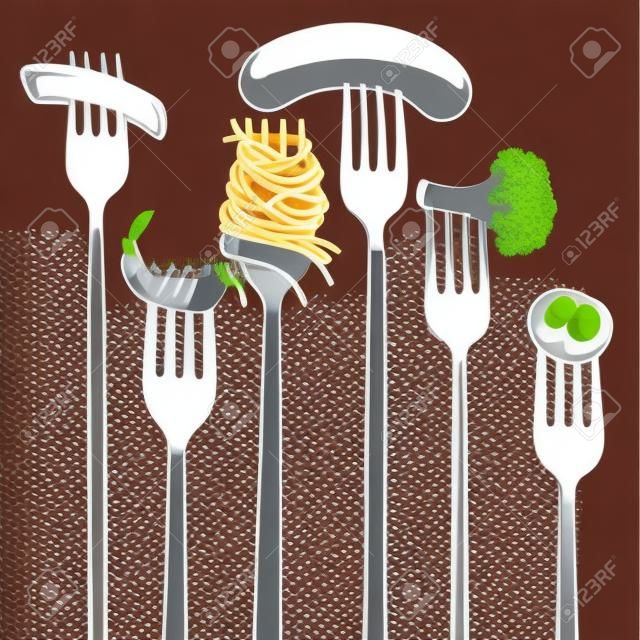 Widły z żywnością, spaghetti, brokuły, kiełbasy i krewetki, ręcznie rysowane ilustracji wektorowych