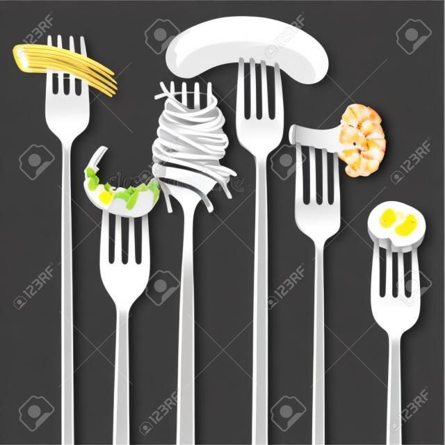 fourchettes avec des aliments, des spaghettis, du brocoli, des saucisses et des crevettes, dessinés à la main illustration vectorielle