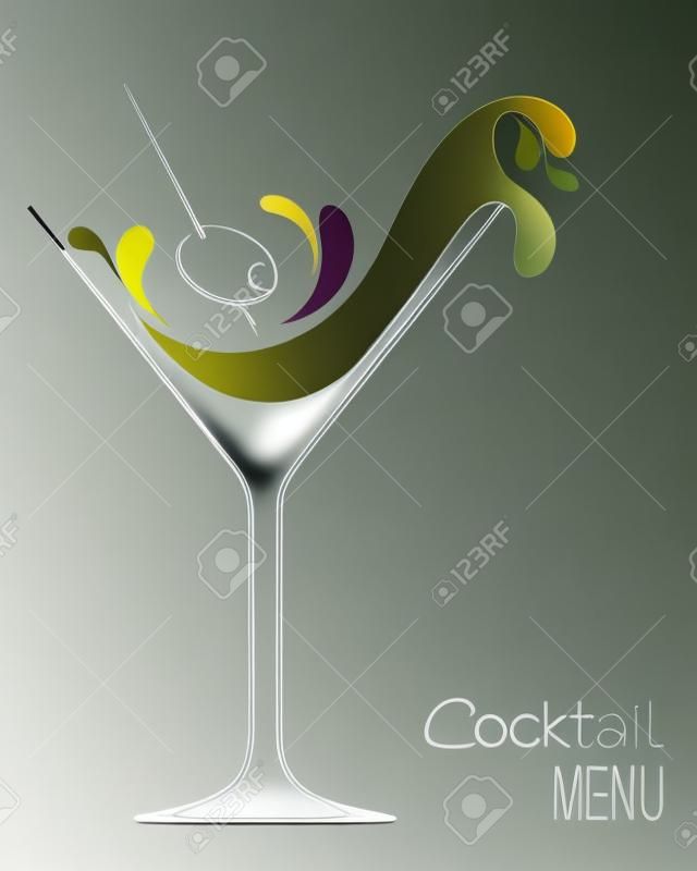 Cocktail glass with abstract splashes and olive. Design for drinks bar menu or cocktail party invitation