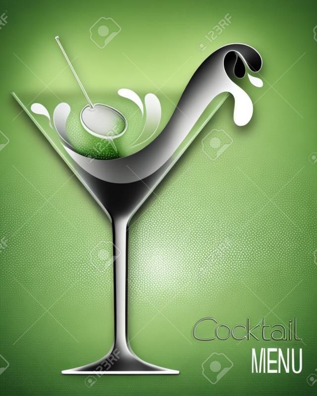 鸡尾酒杯与抽象的飞溅和橄榄设计饮料酒吧菜单或鸡尾酒会邀请