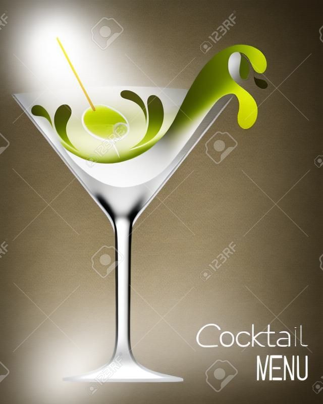 Vidrio de coctel con salpicaduras abstractas y de oliva. Diseño de carta de bebidas bar o invitación del cóctel