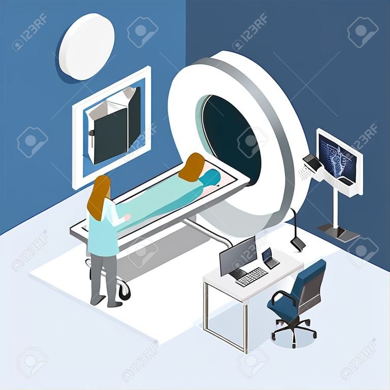 Isometric 3D vector illustration MRI scanner for patients. Diagnosis and search for the disease with magnetic radiation. The doctor scans the patient with magnetic resonance imaging