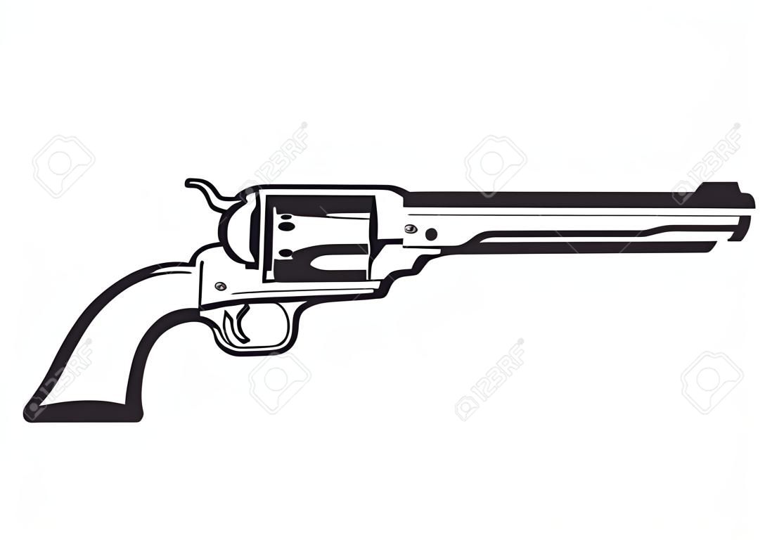 Hand drawn vintage revolver. Wild west gun vector illustration. Black isolated on white background. 