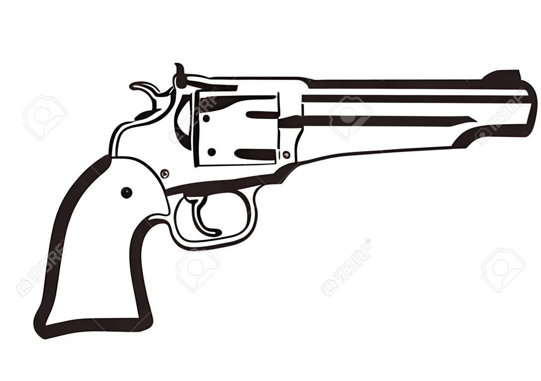 Hand drawn vintage revolver. Wild west gun vector illustration. Black isolated on white background. 