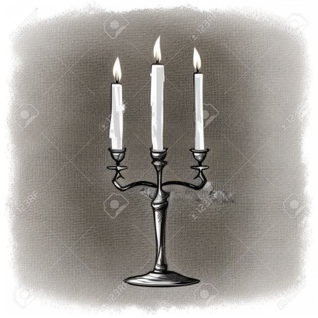 Hand drawn candelabra candle holder sketch illustration. Vector black ink drawing isolated on white background. Grunge style.