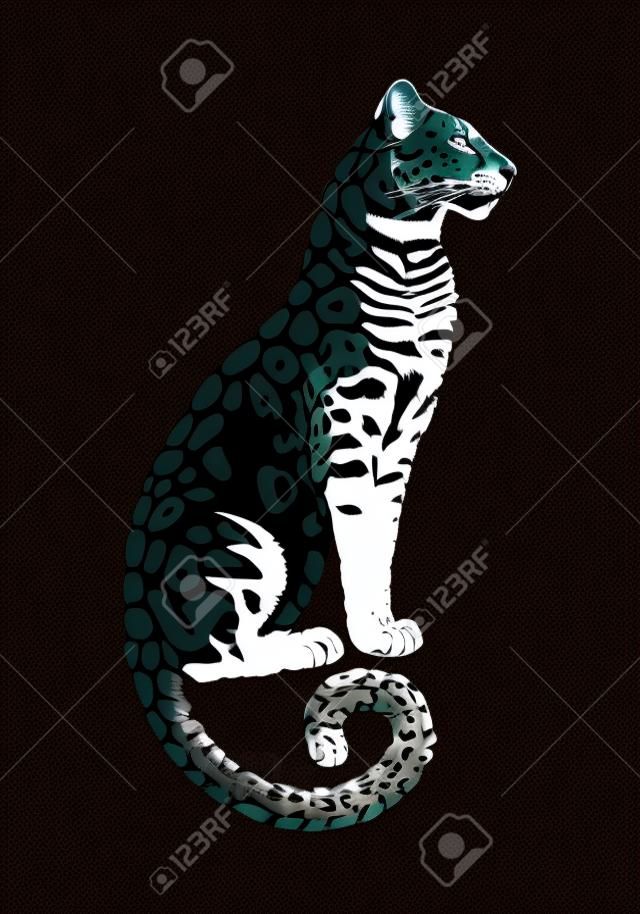 Jaguar spotted silhouette. Vector sitting wildcat graphic illustration. Black isolated on white background.