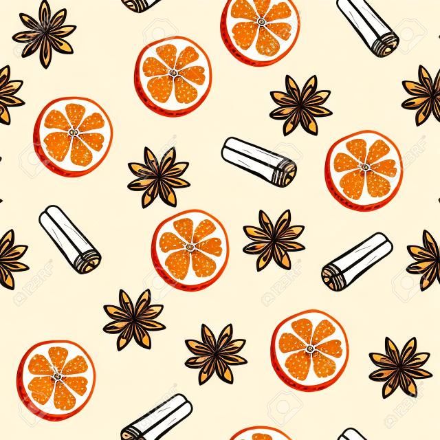 illustration seamless christmas pattern of mandarin orange slices, cinnamon and anise flower. black lines
