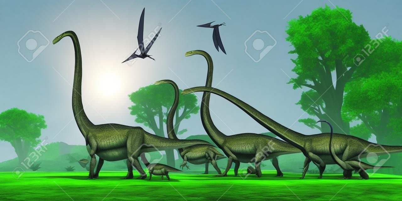 Zwei Pteranodon Reptilien Vögel fliegen über eine Herde von Omeisaurus Dinosaurier durch einen Jurassic Wald gefahren.