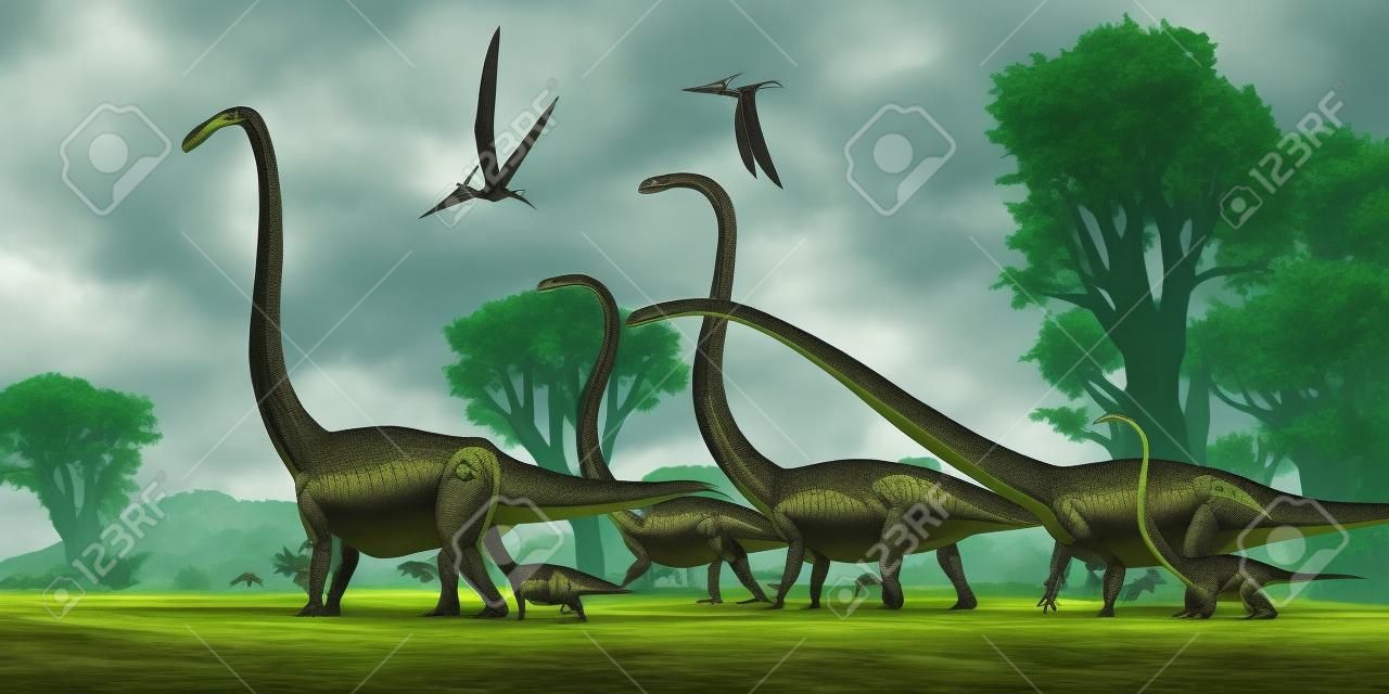 Due uccelli rettili Pteranodon sorvolano un branco di dinosauri Omeisaurus che viaggiano attraverso una foresta giurassica.