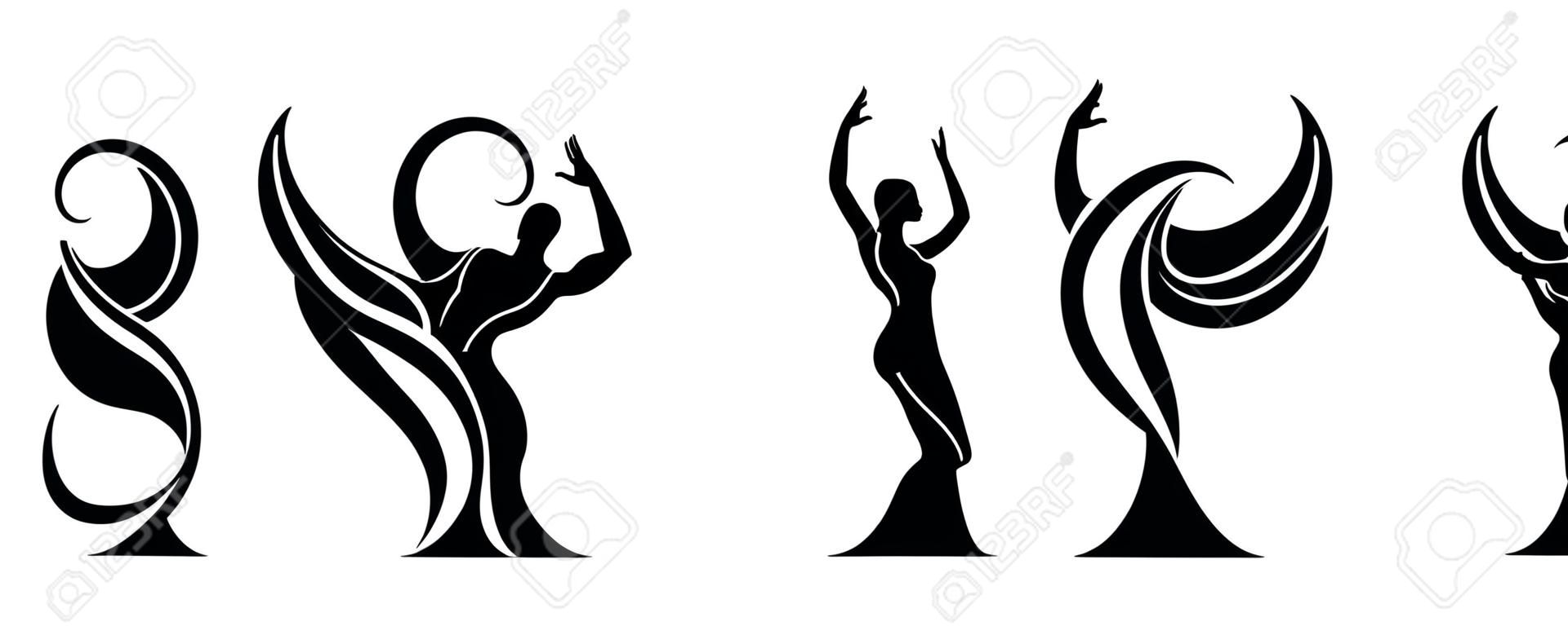 Set of black and white silhouette of a dancing couple in vector. Monochrome logo for dance Studio. Latin, ballroom dancing. Label, sign, sticker. Man and woman dancing.