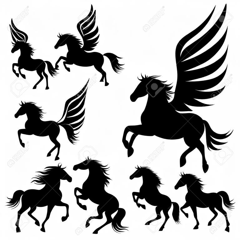 hermosos caballos pegasus siluetas negras sobre blanco