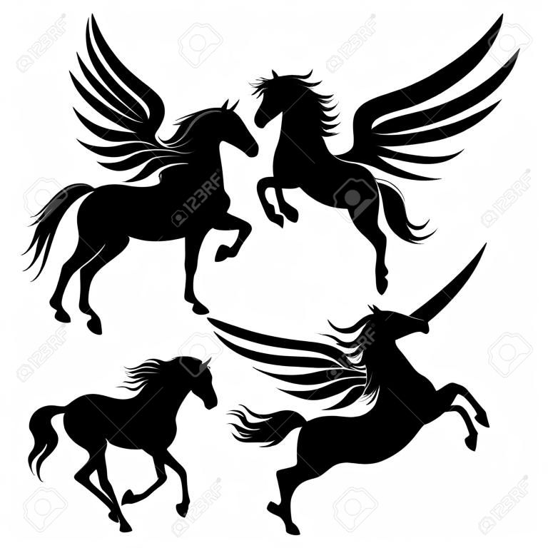 hermosos caballos pegasus siluetas negras sobre blanco