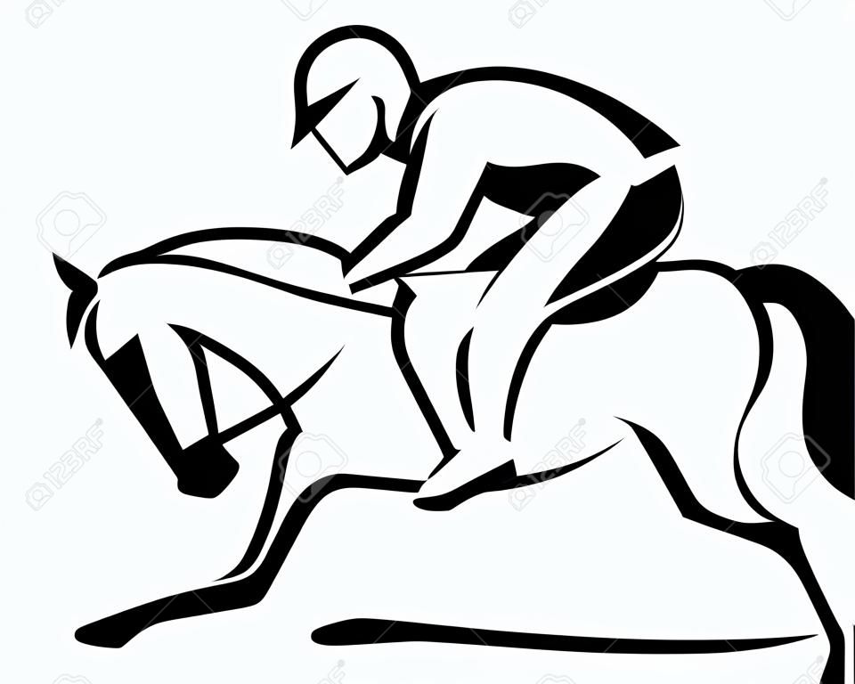 show springen embleem - zwart en wit omtrek van paard en jockey