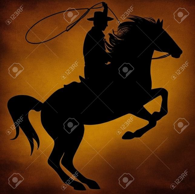 kowboj rzuca lasso konna konia dęba - czarna sylwetka na białym