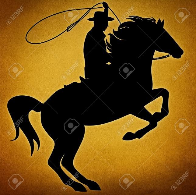 kowboj rzuca lasso konna konia dęba - czarna sylwetka na białym
