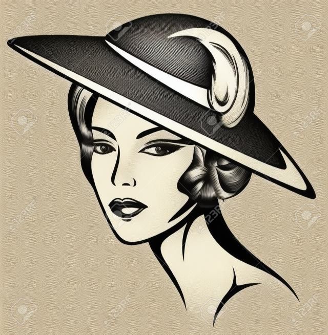 beautiful woman wearing vintage hat - black and white illustration