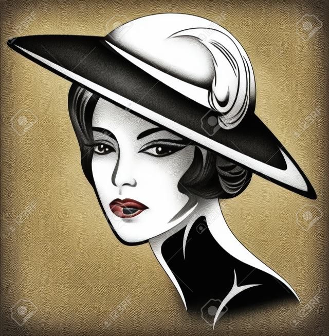 beautiful woman wearing vintage hat - black and white illustration