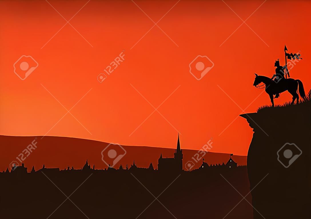 Silhueta medieval do pôr-do-sol da cidade com um cavaleiro no penhasco