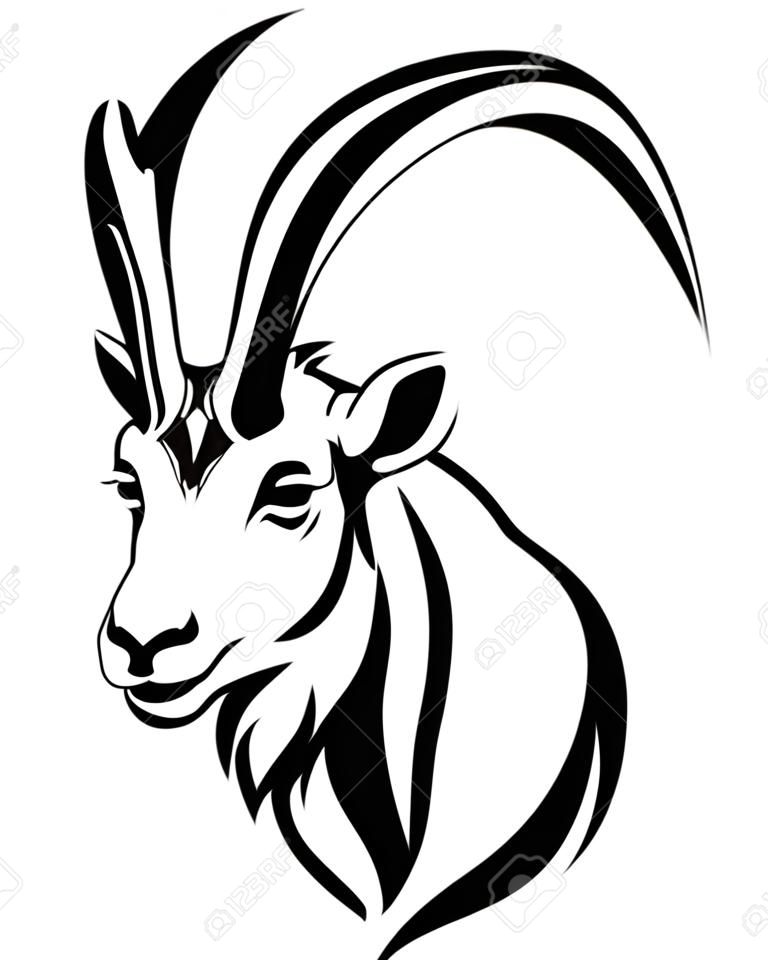 chèvre de montagne (bouquetin, Capra ibex) tête de conception de vecteur réalistes en noir et blanc
