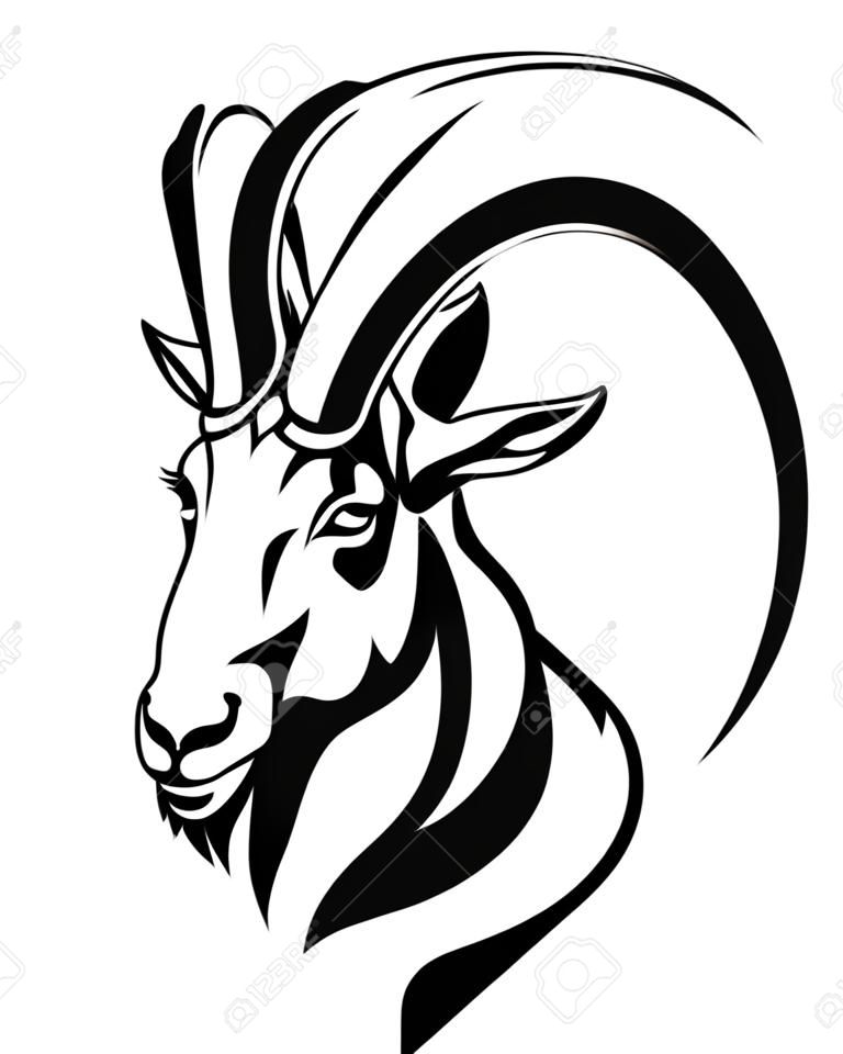 горный козел (Горные козлы, Капра козерога) глава черно-белый реалистичный вектор дизайн