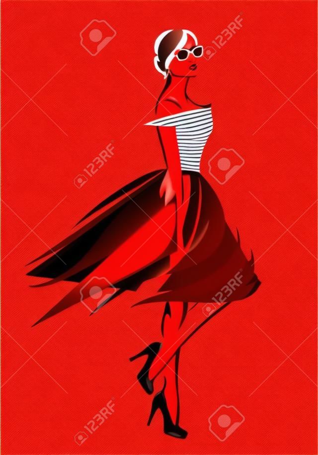 мода девушка в красной юбке и полосатой верхней - модный дизайн вектор