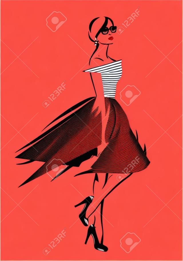 мода девушка в красной юбке и полосатой верхней - модный дизайн вектор