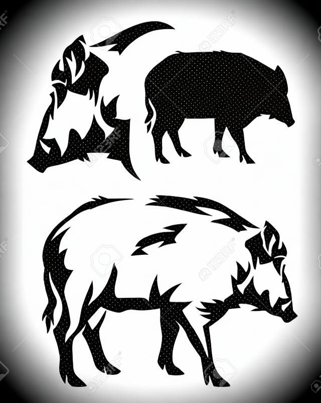 wild boar black and white vector outline and silhouette