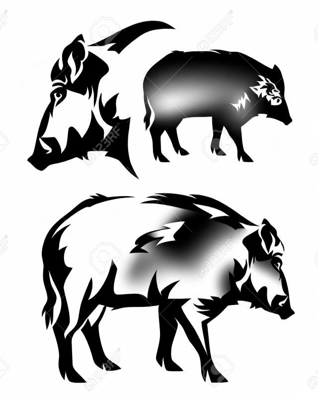 Wildschwein schwarzen und weißen Vektor Umriss und Silhouette