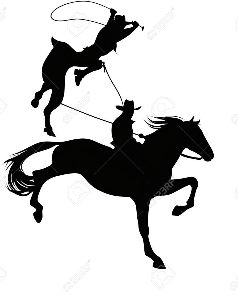cowboy rijden fokken paard - wild west thema zwart vector silhouet