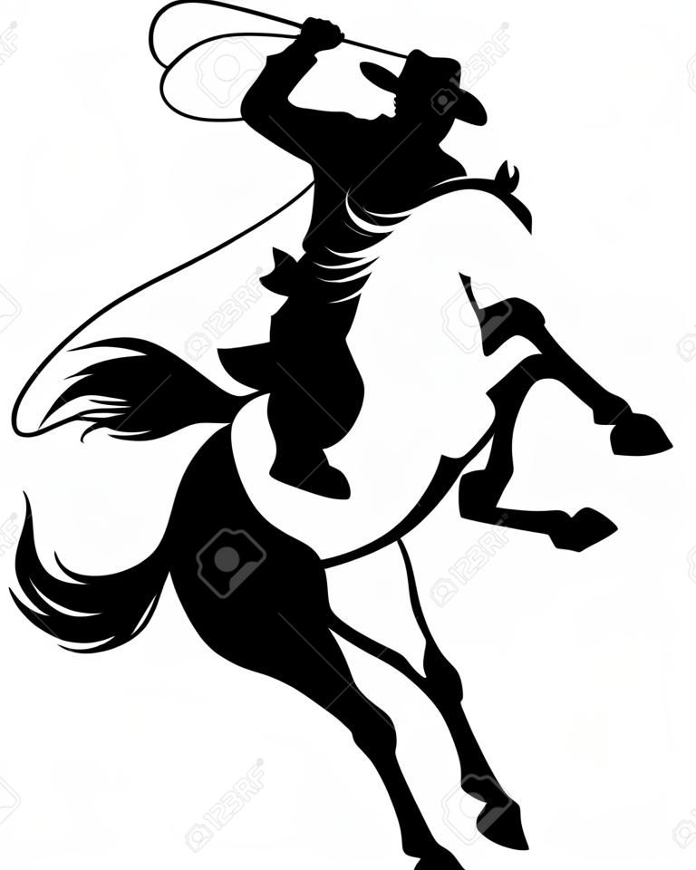 cowboy a cavallo che si impenna a cavallo - sagoma nera di vettore di tema del selvaggio west