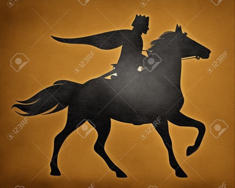 Prinz mit Krone und Mantel auf einem rennenden Pferd