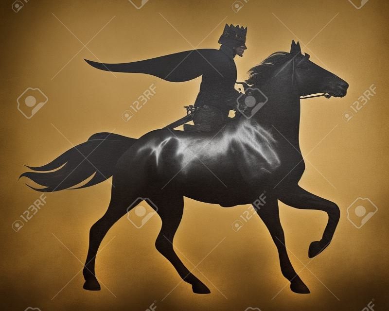 Prince with crown and cloak riding a running horse