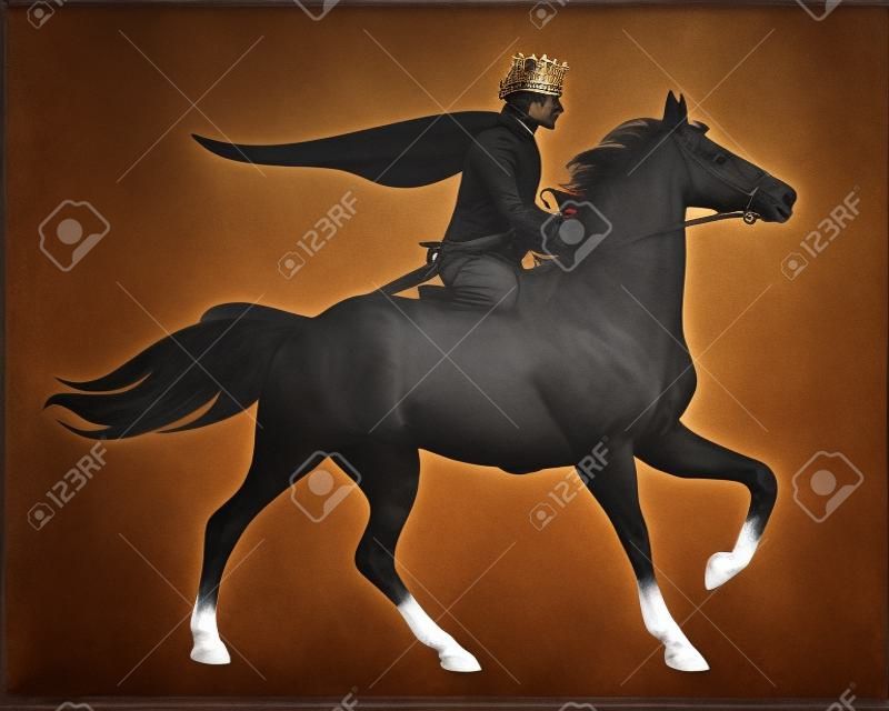 Prinz mit Krone und Mantel auf einem rennenden Pferd