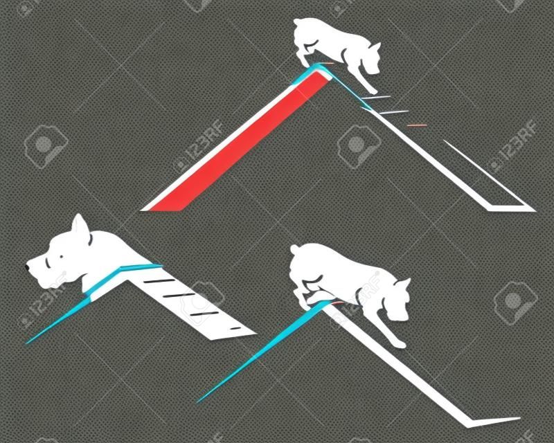 Pet dog running the agility sport obstacle - black and white vector design set