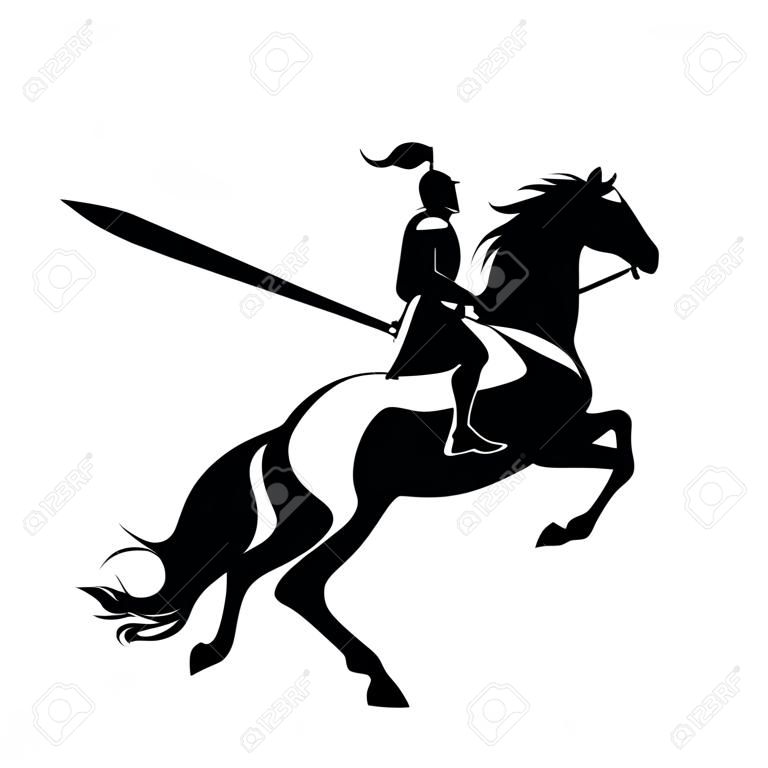 Caballero medieval a caballo - soldado a caballo con espada y manto volador silueta de vector negro