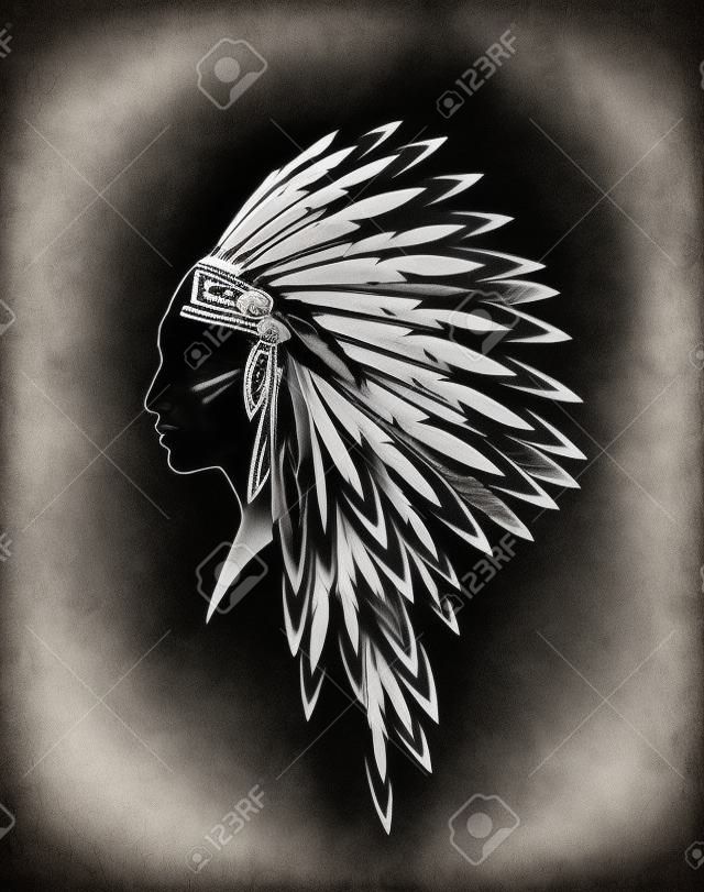 Native american indian woman nosząca tradycyjne plemienne nakrycie głowy z piórami - czarno-biały profil głowy portret