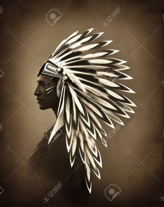 Native american indian woman nosząca tradycyjne plemienne nakrycie głowy z piórami - czarno-biały profil głowy portret