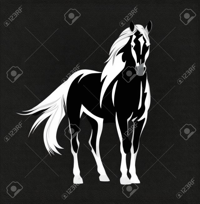 beau cheval mustang avec crinière et queue soufflées par le vent - étalon sauvage debout portrait de contour vectoriel noir et blanc