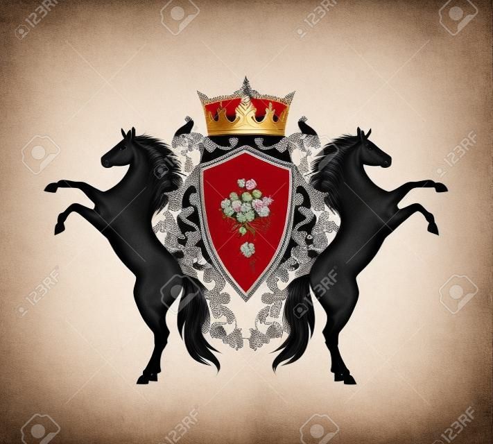 un par de caballos encabritados con corona real y escudo entre flores rosas - animales rampantes negros con elementos de diseño de vectores heráldicos sobre blanco