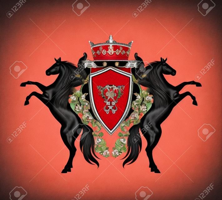 Paar aufbäumende Pferde mit königlicher Krone und Schild zwischen Rosenblüten - schwarze wilde Tiere mit heraldischen Vektordesignelementen über Weiß