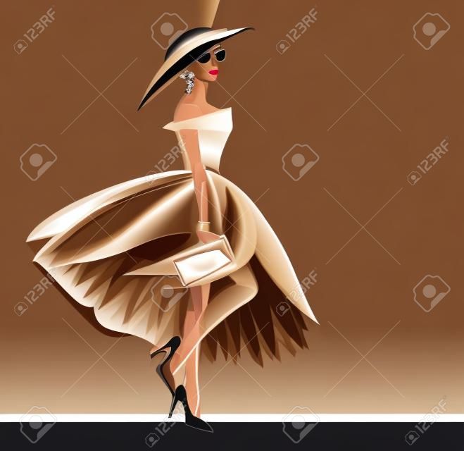 ritratto vettoriale di bella donna affascinante che indossa abiti eleganti - abito haute couture, tacchi alti alla moda e cappello a tesa larga con pochette