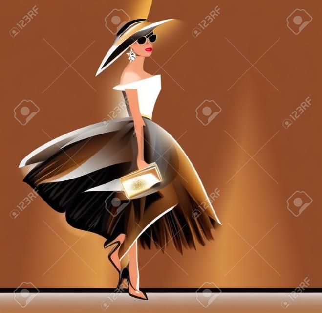 ritratto vettoriale di bella donna affascinante che indossa abiti eleganti - abito haute couture, tacchi alti alla moda e cappello a tesa larga con pochette