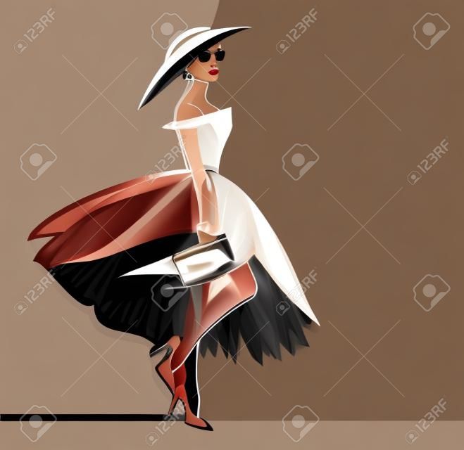 スタイリッシュな服を着ている美しい魅力的な女性のベクトルの肖像画-オートクチュールドレス、ファッショナブルなハイヒールとクラッチバッグ付きのつばの広い帽子