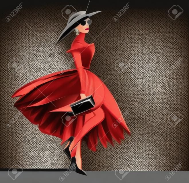 vector portrait of beautiful glamorous woman wearing stylish clothes - haute couture dress, fashionable high heels and wide brimmed hat with clutch bag